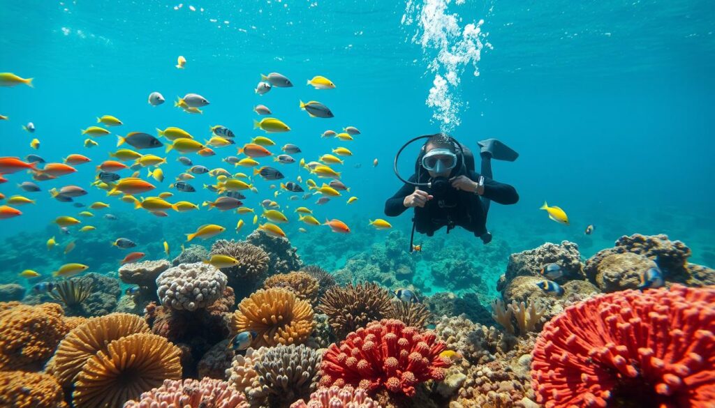 Taucher an einem bunten Korallenriff mit exotischen Fischen im Roten Meer, Ägypten