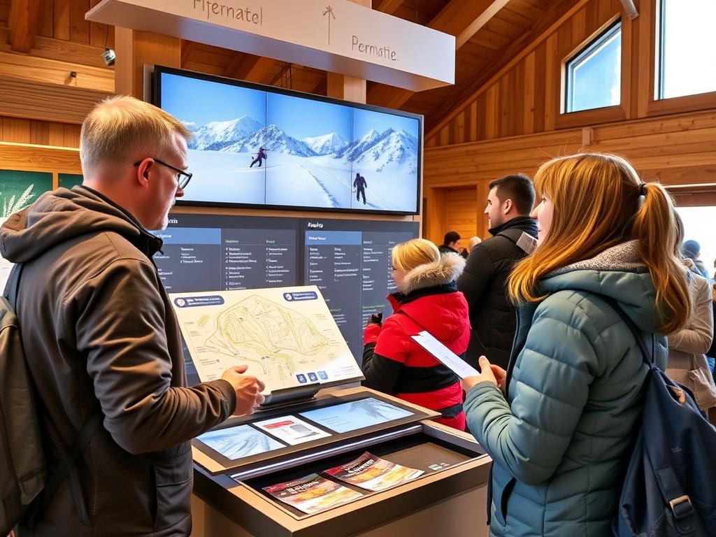 Tourist erhält Informationen am Infopoint eines österreichischen Skigebiets