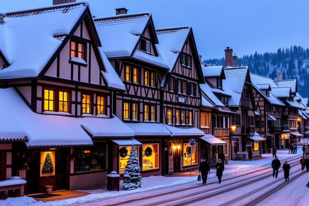 Traditionelle Fachwerkhäuser in Spindlermühle im Winter mit Schnee bedeckt