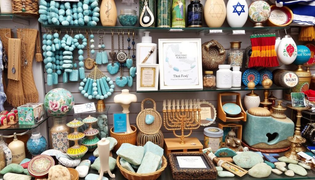 Traditionelle israelische Souvenirs und Eilat-Steine in einem Geschäft in Eilat während eines Urlaub Eilat