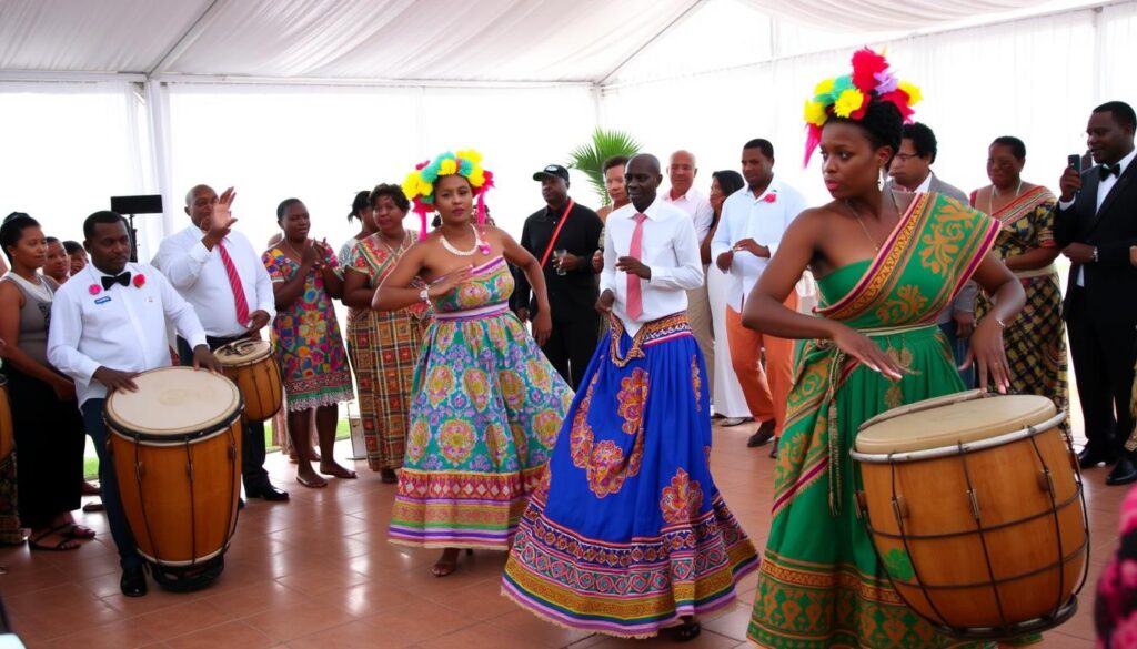 Traditionelle seychellische Tänzer bei einer Hochzeitsfeier