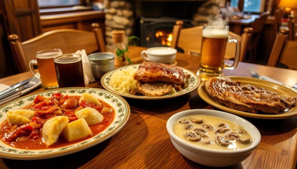 Traditionelle tschechische Wintergerichte mit Knödeln, Gulasch und heißem Glühwein - Winterurlaub Tschechien