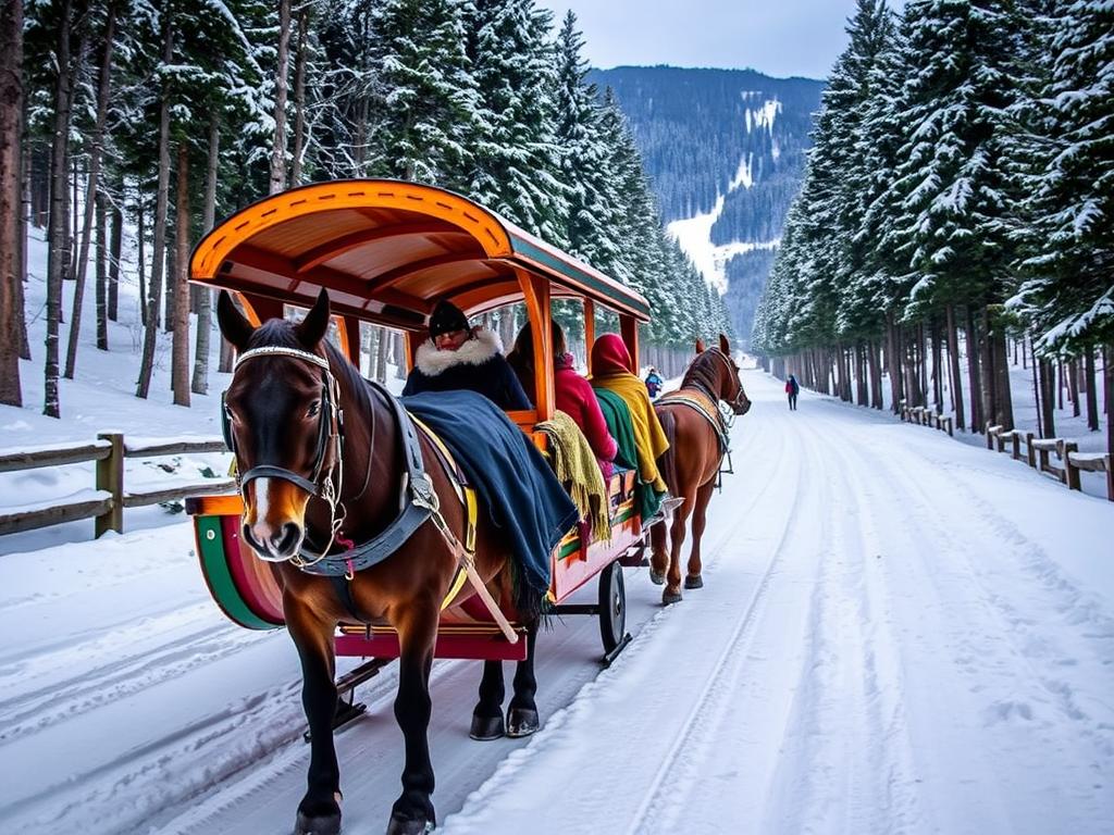 Traditioneller Pferdeschlitten in Zakopane, ein beliebtes Transportmittel für Touristen im Winter