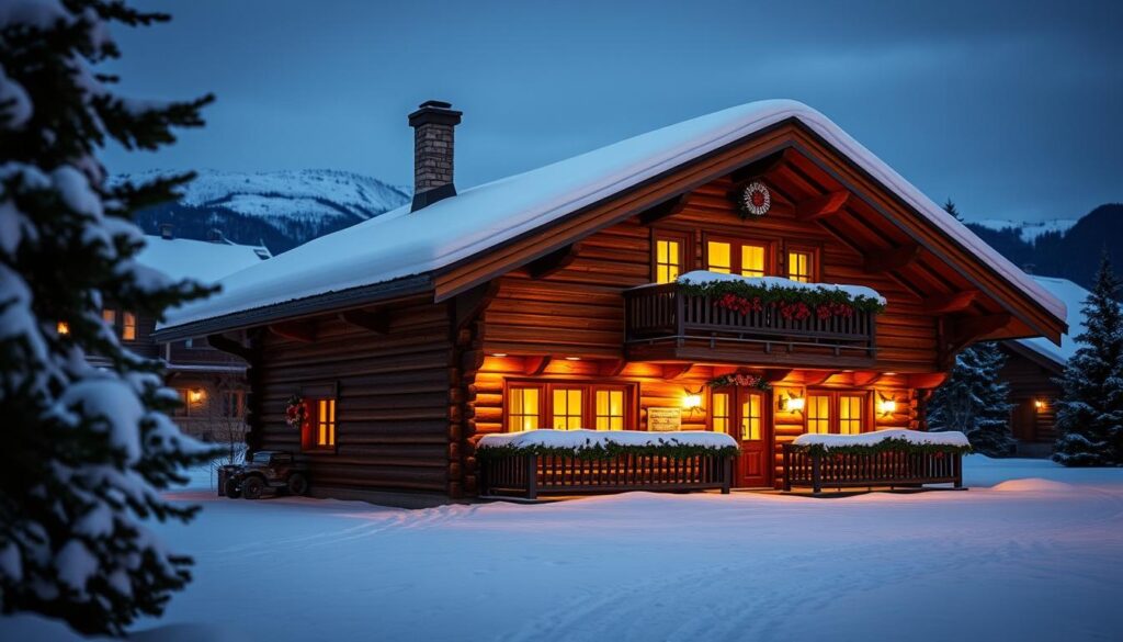 Traditionelles Alpen-Chalet im Schnee bei einer Skireise Österreich