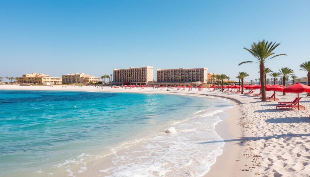 Traumhafter Strand mit türkisblauem Wasser und Palmen in Hurghada, Ägypten