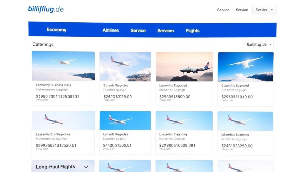 Übersicht der billigflug.de Angebotspalette mit verschiedenen Flugkategorien