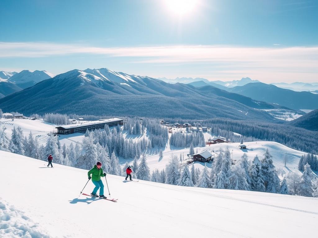 Verschneite Winterlandschaft in Zakopane mit Skifahrern auf den Pisten des Kasprowy Wierch Skigebiets