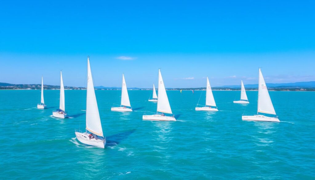 Wassersport am Plattensee - Segeln auf dem türkisblauen Wasser während eines aktiven Urlaub