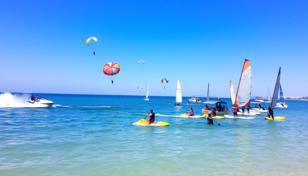 Wassersportaktivitäten wie Jetski und Parasailing am Strand von Eilat während eines Urlaub Eilat