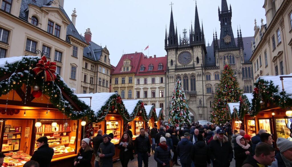 Weihnachtsmarkt auf dem Altstädter Ring in Prag mit festlicher Beleuchtung und Schnee - Winterurlaub Tschechien