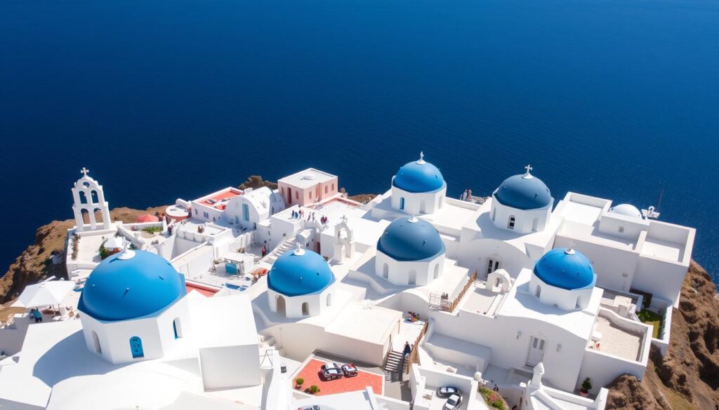 Weißes Dorf Oia auf Santorini mit blauer Kuppel - Expedia Reisen Griechenland