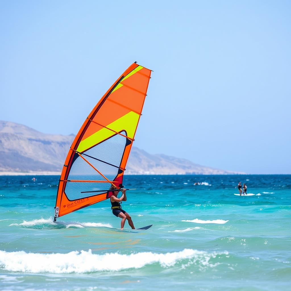 Windsurfer auf dem Roten Meer bei Eilat mit bunten Segeln während eines Urlaub Eilat