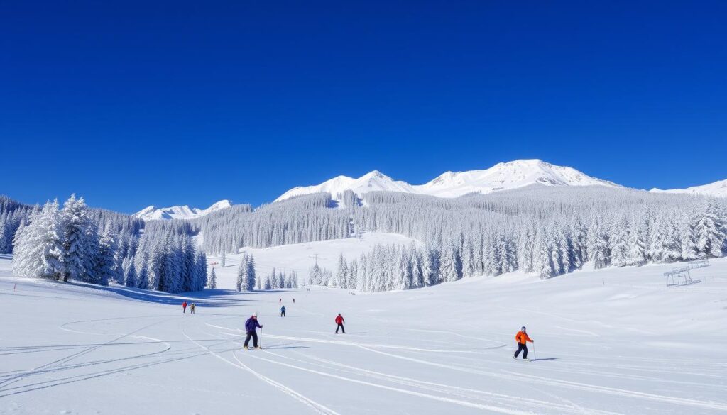 Winterlandschaft in Österreich mit verschneiten Pisten und Skifahrern