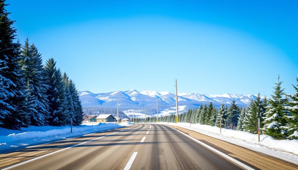 Winterliche Straße nach Zakopane mit schneebedeckten Bergen im Hintergrund