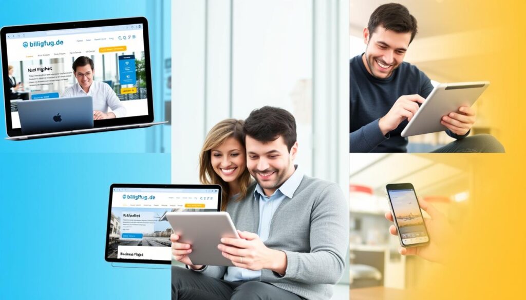 Zufriedene Kunden bei der Nutzung von billigflug.de auf verschiedenen Geräten