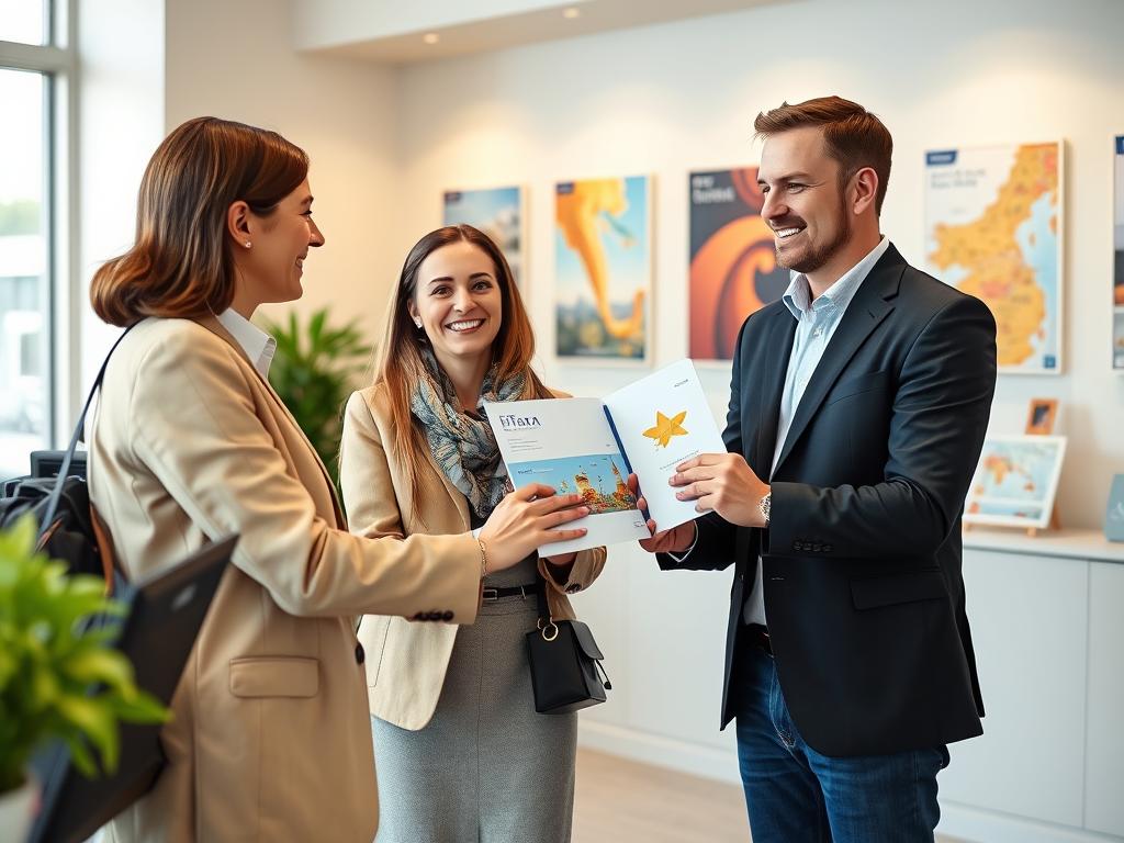 Zufriedene Kunden beim Abholen ihrer Reiseunterlagen im UTTA Reisebüro Berlin