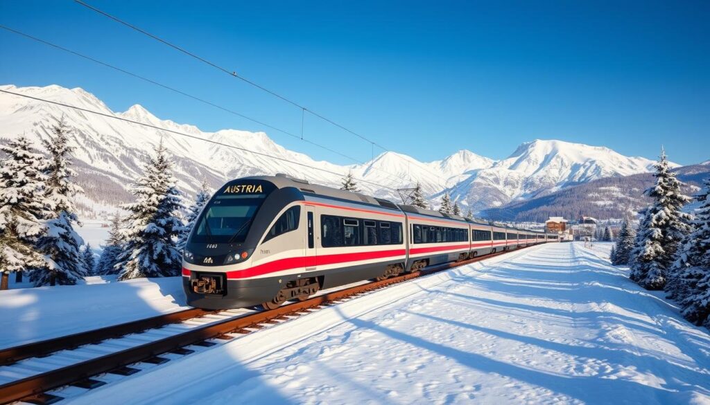 Zug fährt durch verschneite österreichische Winterlandschaft