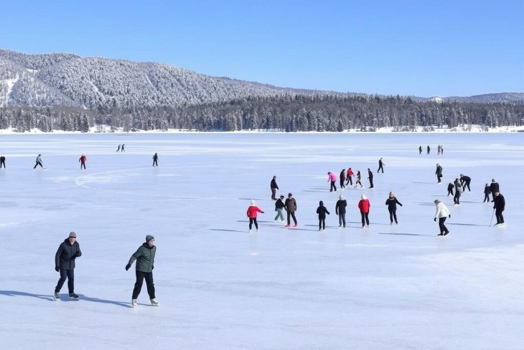 Zugefrorener Lipno-Stausee mit Schlittschuhläufern und verschneitem Böhmerwald im Hintergrund